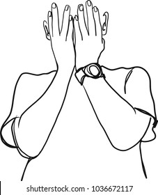 Vector art drawing see no evil concept  Portrait young scared human covering eyes and hands while standing against gray studio background  