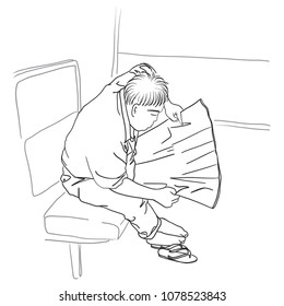 Vector art drawing of senior man sitting with reading newspaper on white background.