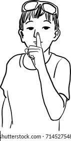 Vector art drawing of Silent please sign on white background, Portrait of expressive little boy finger up to lips for making a quiet gesture. 