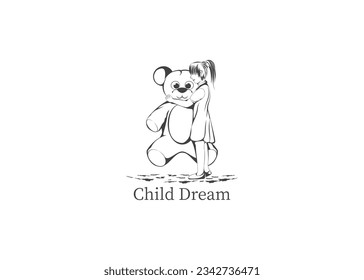 Vector art drawing silhouette of cute kid holding his teddy bear, young girl with teddy bear in hug.