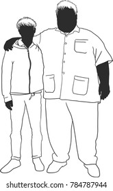 Vector art drawing of Thin man and fat man are hugging, Opposite adjectives fat and thin on white background