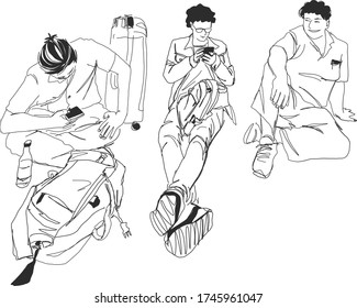 Dibujo vectorial de tres hombres sentados en el suelo Esperando el viaje al destino.