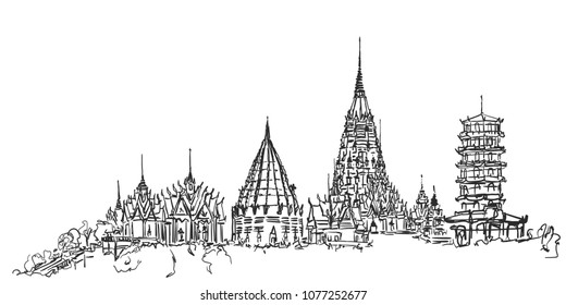 Vector art drawing of the tiger cave temple or say Wat Tham Suea in thai, Buddhist temple, Kanchanaburi Thailand. 