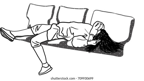Vector art drawing of Tired after hard working. Tired young woman keeping eyes closed while laying on row chairs 