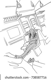 Vector art drawing of Tired traveler sleeping in railway train while riding in public transport beside the window, Girl taking a nap on a public bus