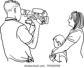 Vector art drawing of TV reporter presenting the news, woman with boy Being Interviewed By television reporter with camera capturing the scene