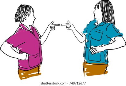 Vector art drawing of two angry woman pointing fingers at each other and blaming for problems on white background. Interpersonal conflict resolution. Human emotions and facial expressions.