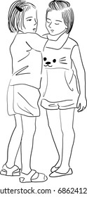 Vector art drawing of Two lovely best friends girls hugging on white background, family concept