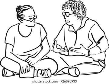 Vector art drawing of two senior old woman, Mature friends talking on floor