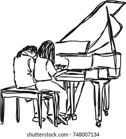 Vector art drawing of two woman playing piano,sitting side by side on white background
