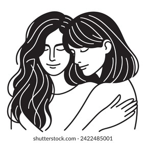 Vector art drawing of Two young woman hugging each other on white background