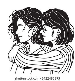 Vector art drawing of Two young woman hugging each other on white background