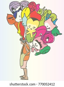 Vector art drawing of Vendor Selling Balloons on pastel background