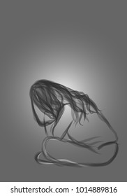 Vector art drawing of  Very sad woman sitting alone on gray background, Depressed young woman sitting