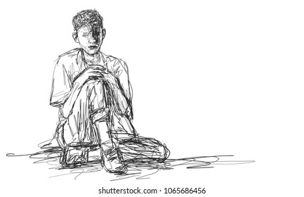 Vector art drawing of Very sad young man sitting alone on white background, Depressed young man sitting