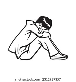 Vector art drawing of Very sad man sitting alone with headache touching forehead ,isolated on white  background. vector illustration.
