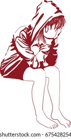 Vector art drawing of Very sad woman sitting alone on white background, Depressed young woman sitting, Little girl covers his face with two hands