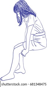 Vector art drawing of Very sad woman sitting alone on white background, Depressed young woman sitting