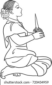 Vector art drawing of woman hand holding with Krathong were made with banana leaves for festival in Thailand.