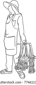 Vector art drawing of woman in hat with row flowers bouquet or flower steering wheel in traditional Thai style for sale on street