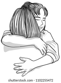 Vector art drawing of woman hugging her best friend on white background.