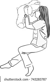 Vector art drawing of woman kissing her white and lovely teddy bear on white background