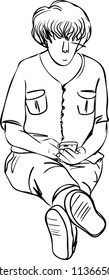 Vector art drawing of woman sitting on the floor with using smartphone.