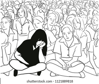 Vector art drawing of woman think deep, and feeling sad while sitting on the floor, young woman alone in a crowd.