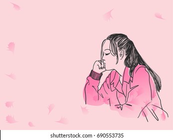 Vector art drawing of woman waiting for somebody on pink background