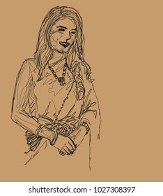 Vector art drawing of woman wearing typical (traditional) Thai dress, original Thailand attire 