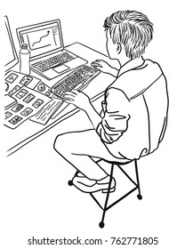 Vector art drawing of young employee looking at computer monitor during working day, Workplace concept