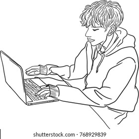 Vector art drawing of young employee looking at computer monitor during working day, Workplace concept