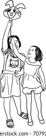Vector art drawing of young girl having fun, happy children's day on white background