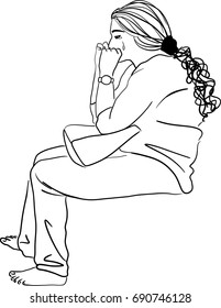 Vector art drawing of Young lonely woman on bench