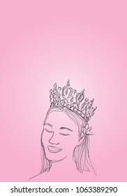 Vector art drawing of young lovely woman in crown on pink background. woman wearing crown.