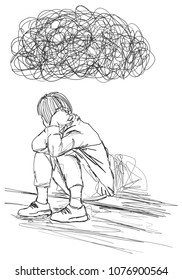 Vector art drawing of young man under stormy clouds on white background. Concept illustration about sadness and depression. 