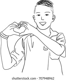 Vector art drawing of Young man showing a heart sign