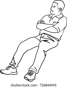 Vector art drawing of Young man in waiting room, man sit arms crossed