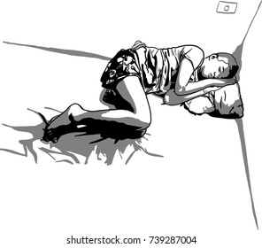 Vector art drawing of Young man sleeping comfortably in bed, A guy sleeping alone in corner of room