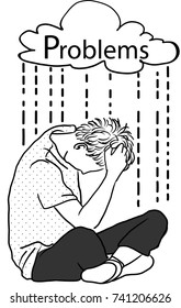 Vector art drawing of young man under stormy rainy clouds on white background. Concept illustration about sadness and depression. Problems text, Depressed man sitting in the rain