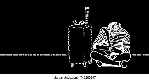 Vector art drawing of young man sitting and his suitcase black background