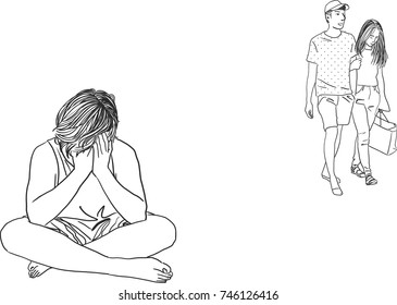 Vector art drawing of young man put your hands off the page It may be because Unfaithful girlfriend, girlfriend is flirting with another girl. 