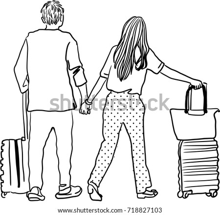 Vector art drawing of young man and woman walking at airport with suitcases. They are holding hands