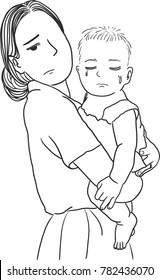 Vector art drawing of Young mother holding her baby in her arms, Young tired sleepy mother consoling her little baby crying