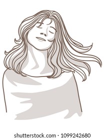 Vector art drawing of young pretty woman on white background