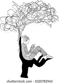 Vector art drawing of young woman reading book under the tree