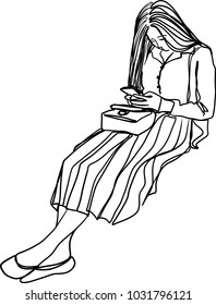 Vector art drawing of young woman is writing a message with smartphone