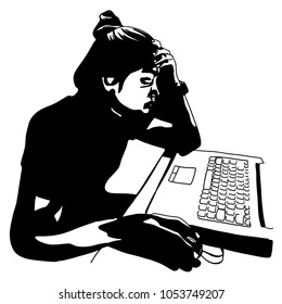 Vector art drawing of Young woman in depression working on laptop,  tired business woman using laptop