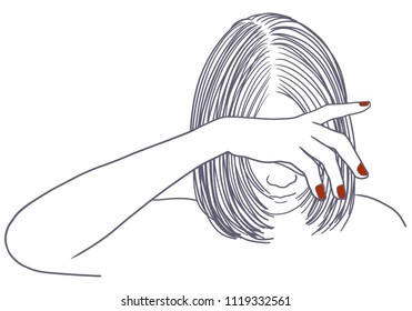 Vector art drawing of young woman covering her eyes on white background.