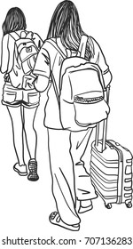 Vector Art Drawing Of Young Woman With A Suitcase At The Airport Or Train Station. Woman With Baggage And Backpack. Time To Travel